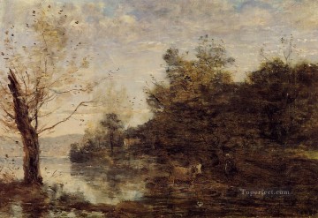Cowherd by the Water plein air Romanticism Jean Baptiste Camille Corot Oil Paintings